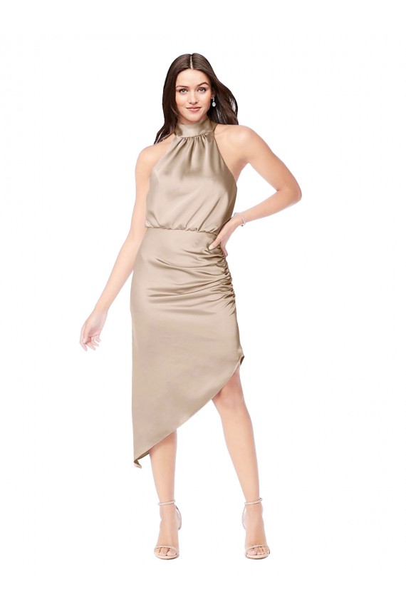 Fábrica de Cetim Sedoso Cabeçada Comprimento Midi Sem Mangas Vestidos de Madrinha / Vestidos de Festa / Vestidos de Cocktail / Vestidos de Homecoming