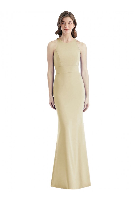 Fábrica de Criss Cruz Crepe Esticado Barco Comprimento Chão Sem Mangas Vestidos de Madrinha / Vestidos de Festa