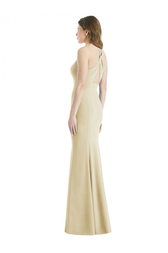 Fábrica de Criss Cruz Crepe Esticado Barco Comprimento Chão Sem Mangas Vestidos de Madrinha / Vestidos de Festa