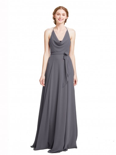 Fábrica de Chiffon Alças finas Comprimento Chão Sem Mangas Cinza Ardósia Vestidos de Madrinha