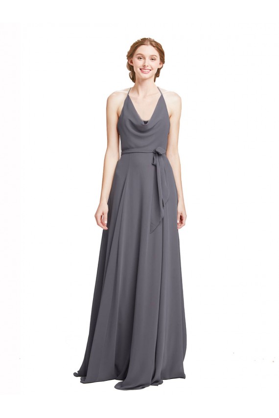 Fábrica de Chiffon Alças finas Comprimento Chão Sem Mangas Cinza Ardósia Vestidos de Madrinha