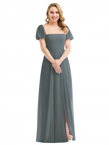 Fábrica de Chiffon Decote Quadrado Comprimento Chão Mangas Bufantes Vestidos de Madrinha