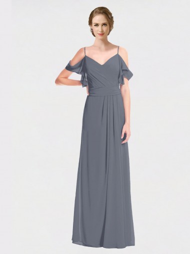 Fábrica de Costas em V Chiffon Fora do Ombro Comprimento Chão Mangas Esvoaçantes Longo Vestidos de Madrinha