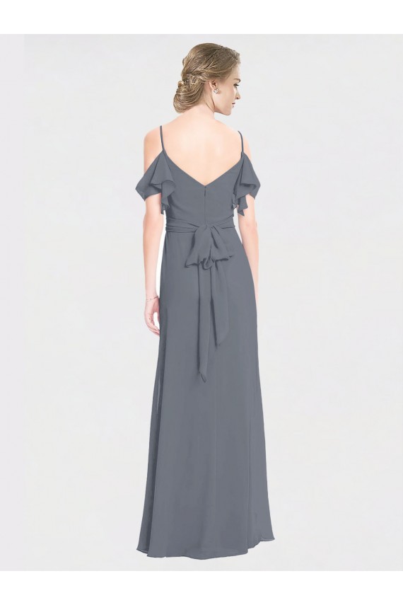 Fábrica de Costas em V Chiffon Fora do Ombro Comprimento Chão Mangas Esvoaçantes Longo Vestidos de Madrinha