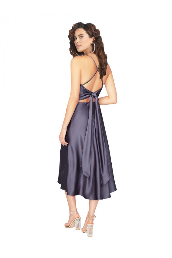 Fábrica de Buraco da fechadura Cetim Sedoso Colher Comprimento Midi Sem Mangas Vestidos de Madrinha / Vestidos de Festa / Vestidos de Cocktail / Vestidos de Homecoming