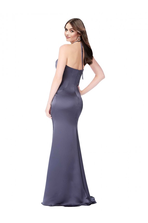 Fábrica de Lombar Cetim Sedoso Cabeçada Comprimento Chão Sem Mangas Longo Vestidos de Madrinha / Vestidos de Noite / Vestidos de Festa