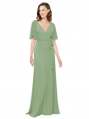 Fábrica de Chiffon Decote V Comprimento Chão Mangas Esvoaçantes, Mangas Curtas Longo Vestidos de Madrinha