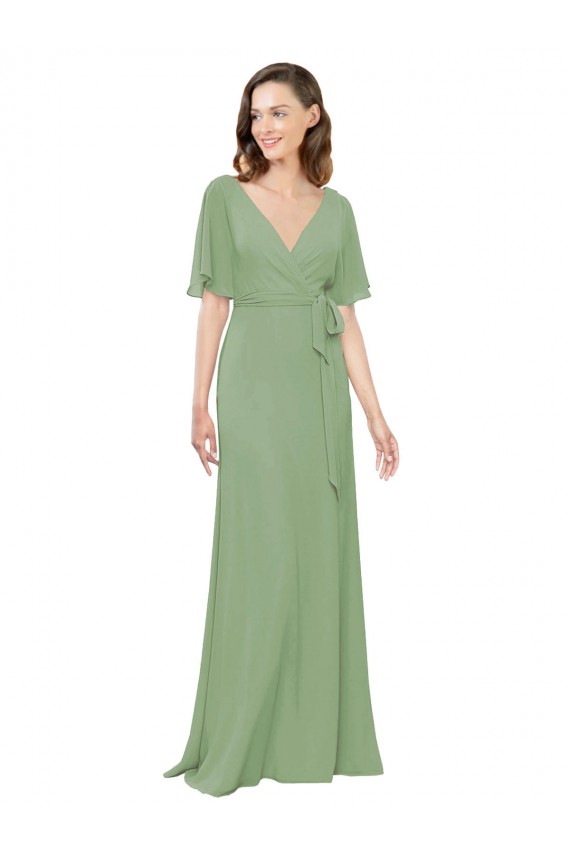 Fábrica de Chiffon Decote V Comprimento Chão Mangas Esvoaçantes, Mangas Curtas Longo Vestidos de Madrinha