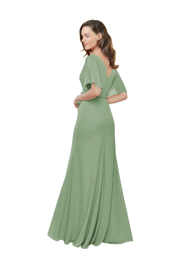 Fábrica de Chiffon Decote V Comprimento Chão Mangas Esvoaçantes, Mangas Curtas Longo Vestidos de Madrinha