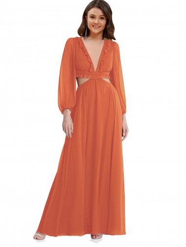 Fábrica de Abrir de volta Chiffon Decote V Comprimento Chão Mangas Compridas, Mangas Bispo Alto Baixo, Vestidos de Madrinha