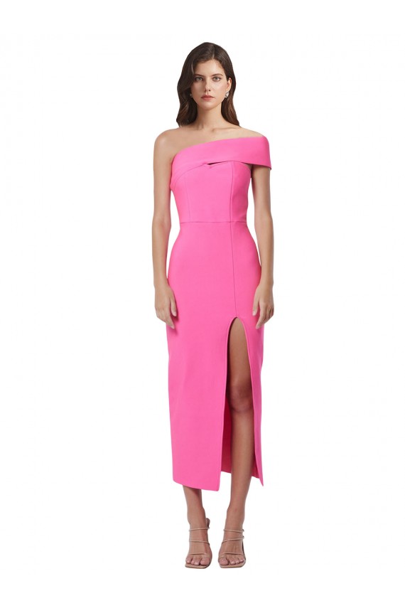 Fábrica de Crepe Esticado Um Ombro Comprimento Midi Sem Mangas Longo Vestidos de Madrinha / Vestidos de Noite / Vestidos de Festa