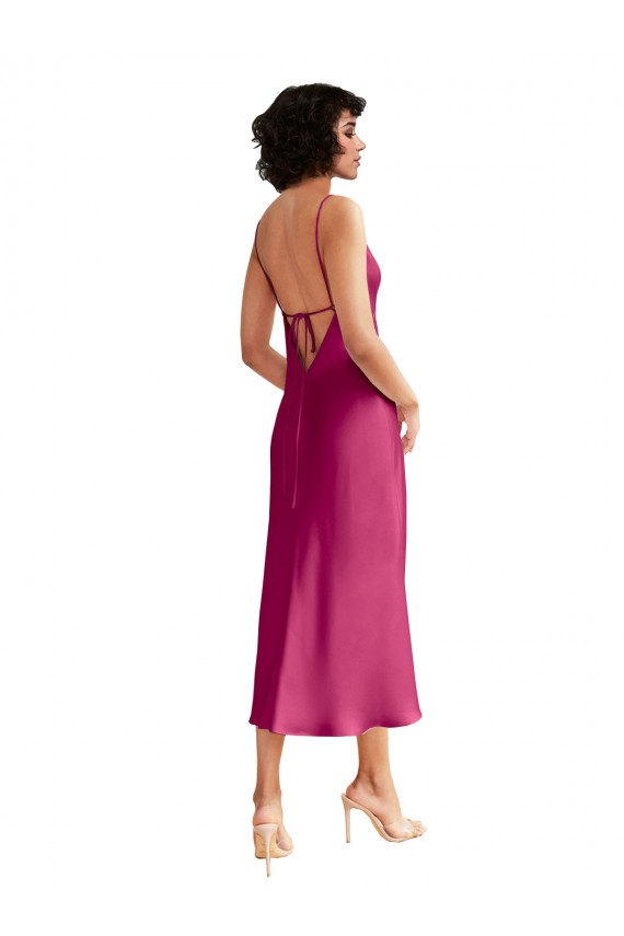 Fábrica de Lombar Cetim Elástico Decote V Comprimento Midi Sem Mangas Vestidos de Madrinha / Vestidos de Noite / Vestidos de Festa