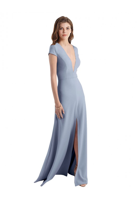Fábrica de Crepe Esticado Decote V Comprimento Chão Mangas Curtas Vestidos de Madrinha / Vestidos de Festa