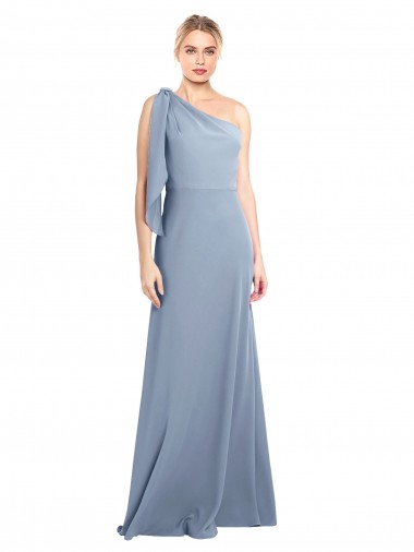Fábrica de Crepe Esticado Um Ombro Comprimento Chão Mangas Esvoaçantes Longo Vestidos de Madrinha / Vestidos de Noite / Vestidos de Festa