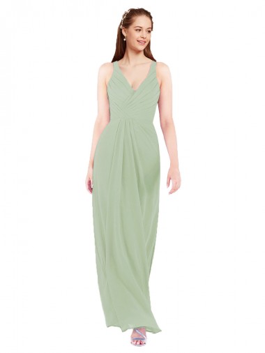 Fábrica de Buraco da fechadura Chiffon Decote V Comprimento Chão Sem Mangas Fumo Verde Vestidos de Madrinha