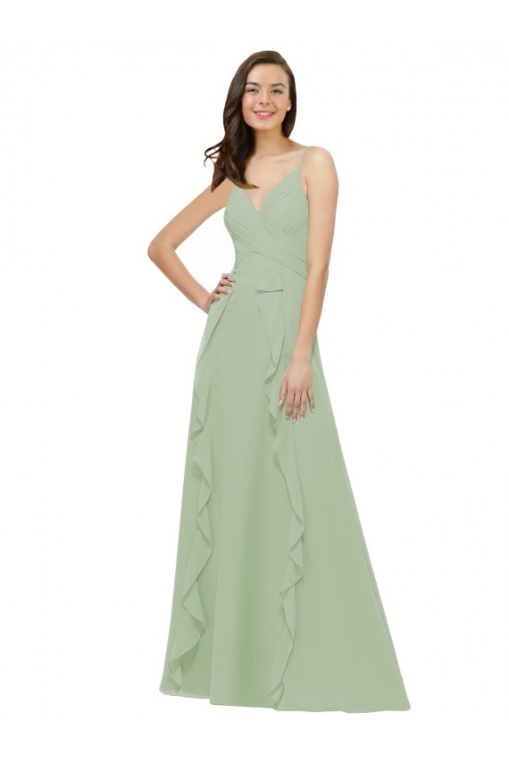 Fábrica de Chiffon Alças finas Comprimento Chão Sem Mangas Fumo Verde Vestidos de Madrinha