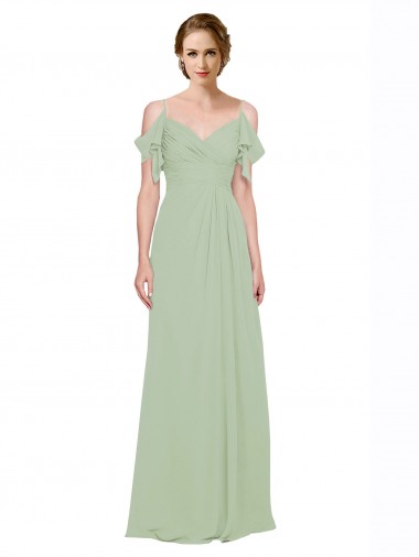 Fábrica de Lombar Chiffon Fora do Ombro Comprimento Chão Sem Mangas Fumo Verde Vestidos de Madrinha