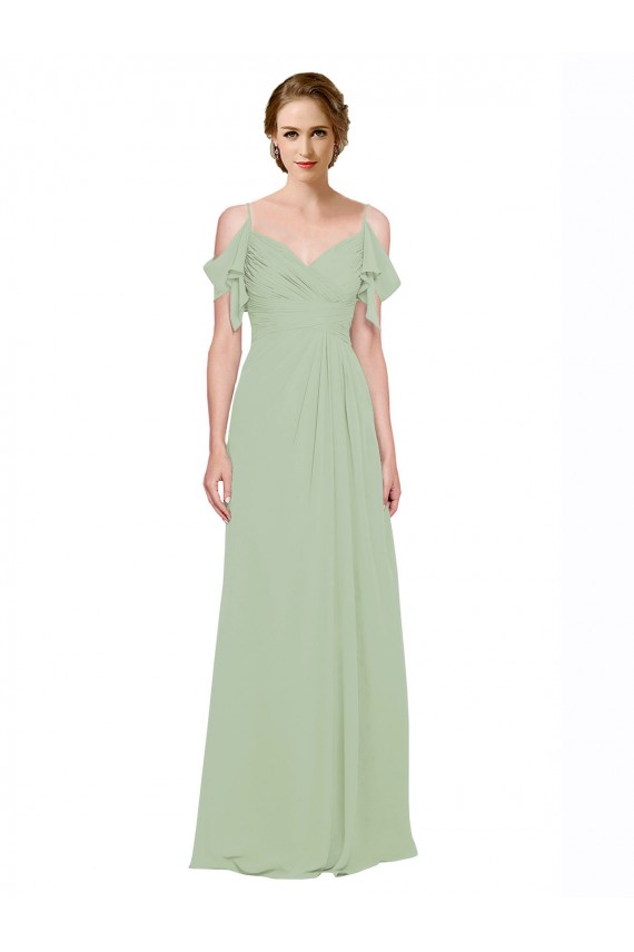 Fábrica de Lombar Chiffon Fora do Ombro Comprimento Chão Sem Mangas Fumo Verde Vestidos de Madrinha