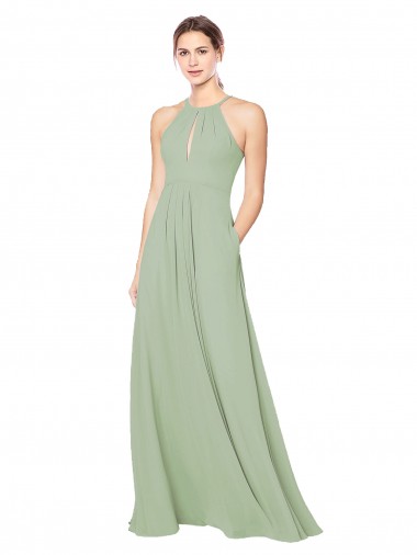 Fábrica de Buraco da fechadura Chiffon Cabeçada Comprimento Chão Sem Mangas Fumo Verde Vestidos de Madrinha