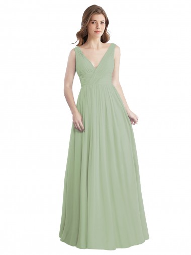 Fábrica de Costas em V Chiffon Decote V Comprimento Chão Sem Mangas Fumo Verde Vestidos de Madrinha