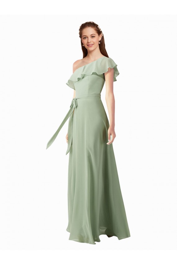Fábrica de Chiffon Um Ombro Comprimento Chão Mangas Esvoaçantes Vestidos de Madrinha