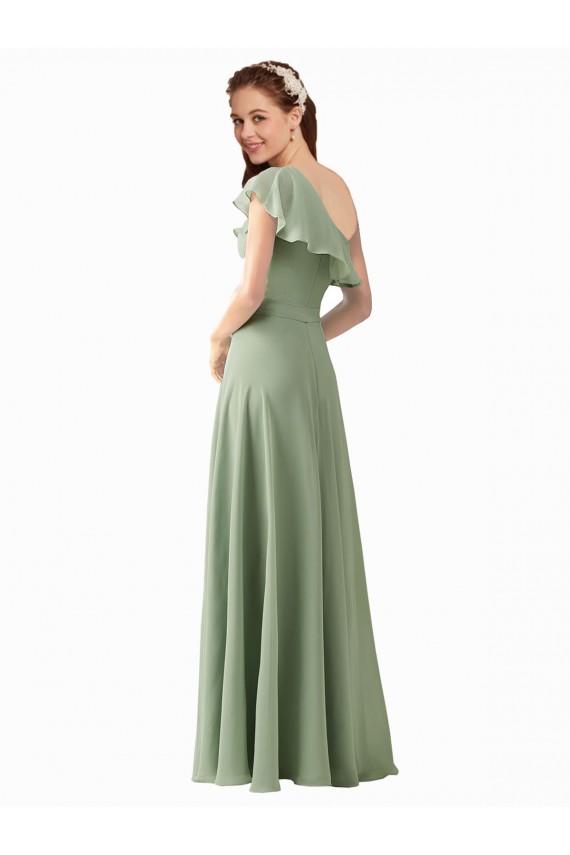 Fábrica de Chiffon Um Ombro Comprimento Chão Mangas Esvoaçantes Vestidos de Madrinha