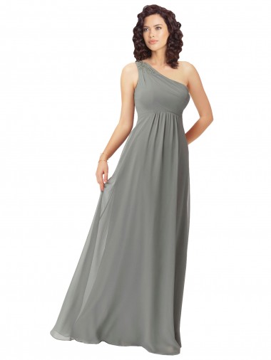 Fábrica de Chiffon Um Ombro Comprimento Chão Sem Mangas Glicínias Vestidos de Madrinha