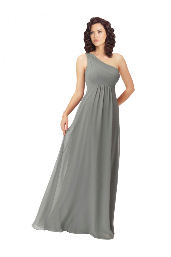 Fábrica de Chiffon Um Ombro Comprimento Chão Sem Mangas Glicínias Vestidos de Madrinha