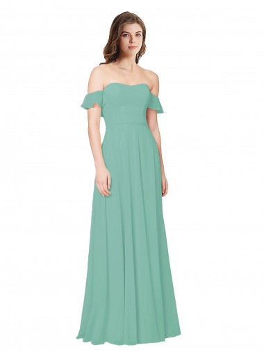 Fábrica de Abrir de volta Chiffon Fora do Ombro Comprimento Chão Mangas Folhos Vestidos de Madrinha