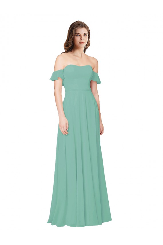 Fábrica de Abrir de volta Chiffon Fora do Ombro Comprimento Chão Mangas Folhos Vestidos de Madrinha