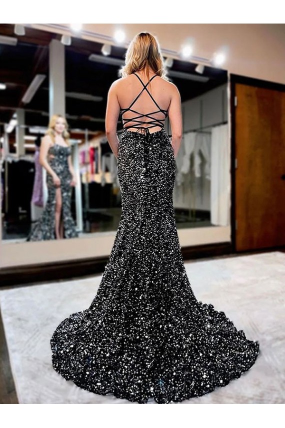 Fábrica de Lantejoulas Veludo Alças finas Comboio Varredela Sem Mangas Vestidos de Festa / Vestidos de Madrinha
