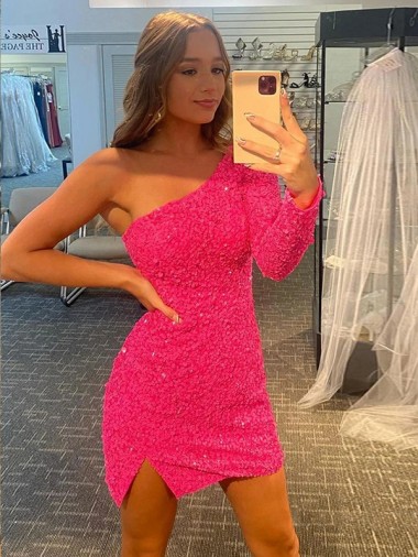 Fábrica de Lantejoulas Veludo Um Ombro Curto Mangas Compridas Curto Vestidos de Festa