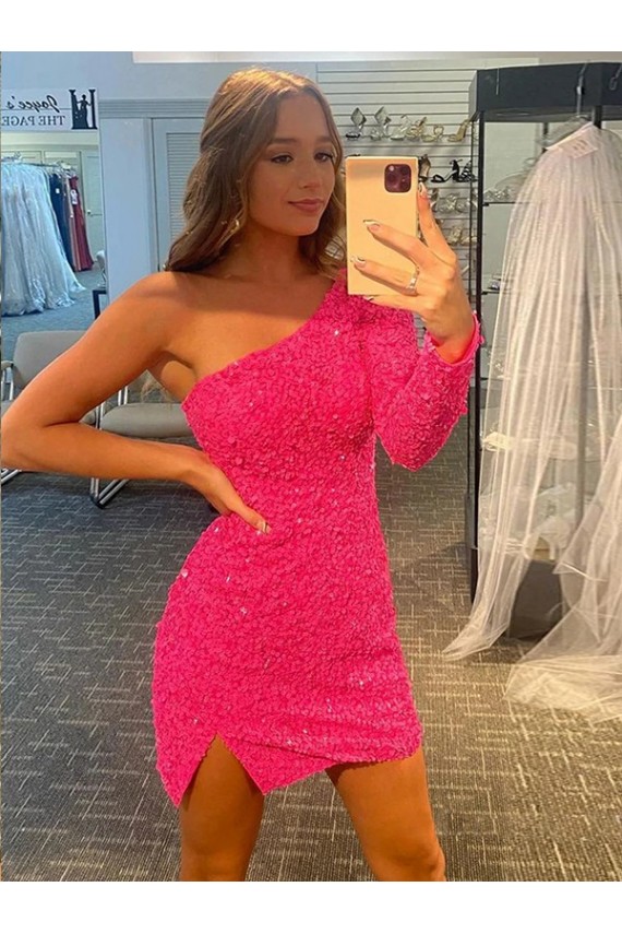 Fábrica de Lantejoulas Veludo Um Ombro Curto Mangas Compridas Curto Vestidos de Festa