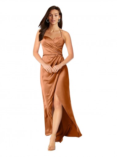 Fábrica de Lombar Cetim Sedoso Alças finas Comprimento Chão Sem Mangas Linha A Longo Vestidos de Madrinha / Vestidos de Noite / Vestidos de Festa