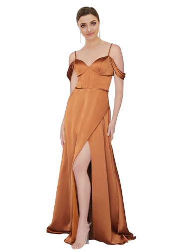 Fábrica de Lombar Cetim Sedoso Alças finas Comprimento Chão Ombro Frio Vestidos de Madrinha / Vestidos de Noite / Vestidos de Festa