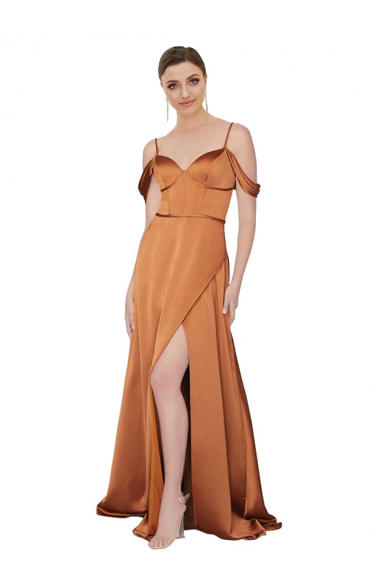 Fábrica de Lombar Cetim Sedoso Alças finas Comprimento Chão Ombro Frio Vestidos de Madrinha / Vestidos de Noite / Vestidos de Festa