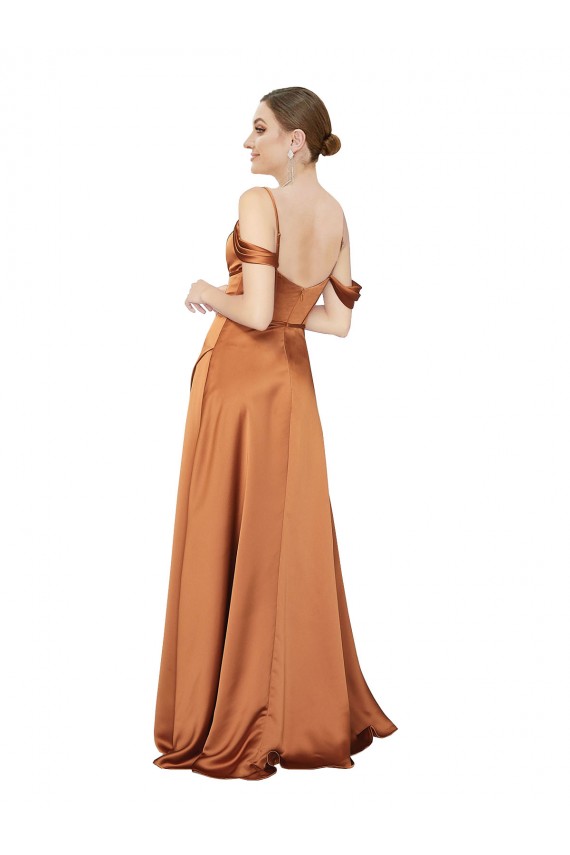 Fábrica de Lombar Cetim Sedoso Alças finas Comprimento Chão Ombro Frio Vestidos de Madrinha / Vestidos de Noite / Vestidos de Festa
