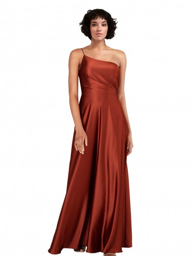 Fábrica de Cetim Sedoso Um Ombro Comprimento Chão Sem Mangas Laranja Queimada Vestidos de Madrinha / Vestidos de Noite / Vestidos de Festa