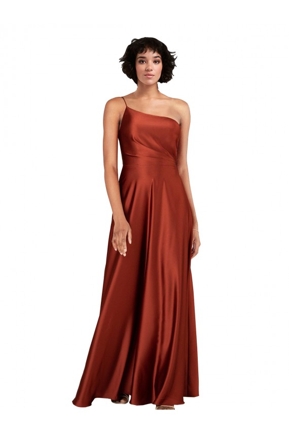 Fábrica de Cetim Sedoso Um Ombro Comprimento Chão Sem Mangas Laranja Queimada Vestidos de Madrinha / Vestidos de Noite / Vestidos de Festa