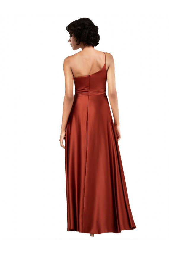 Fábrica de Cetim Sedoso Um Ombro Comprimento Chão Sem Mangas Laranja Queimada Vestidos de Madrinha / Vestidos de Noite / Vestidos de Festa