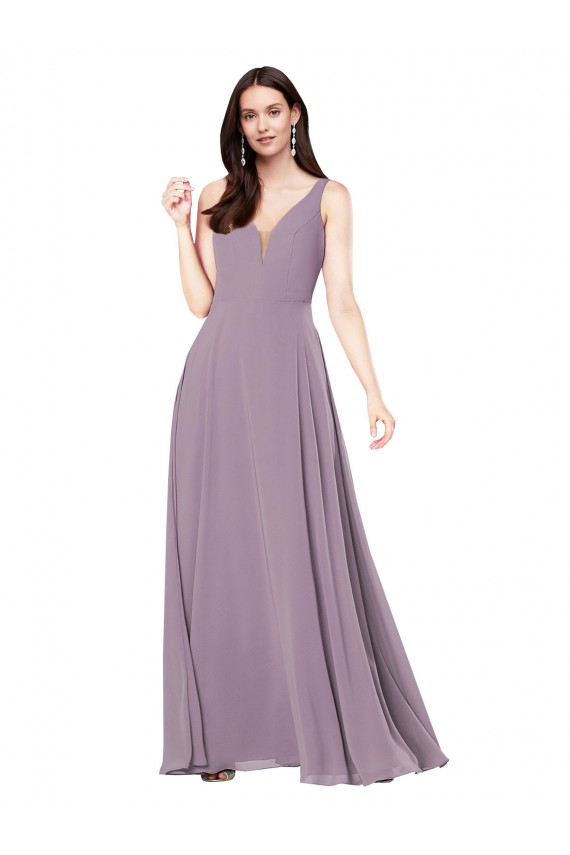 Fábrica de Costas em V Chiffon Decote V Comprimento Chão Sem Mangas Vestidos de Madrinha / Vestidos de Noite