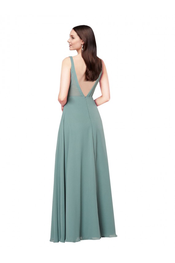 Fábrica de Costas em V Chiffon Decote V Comprimento Chão Sem Mangas Vestidos de Madrinha / Vestidos de Noite