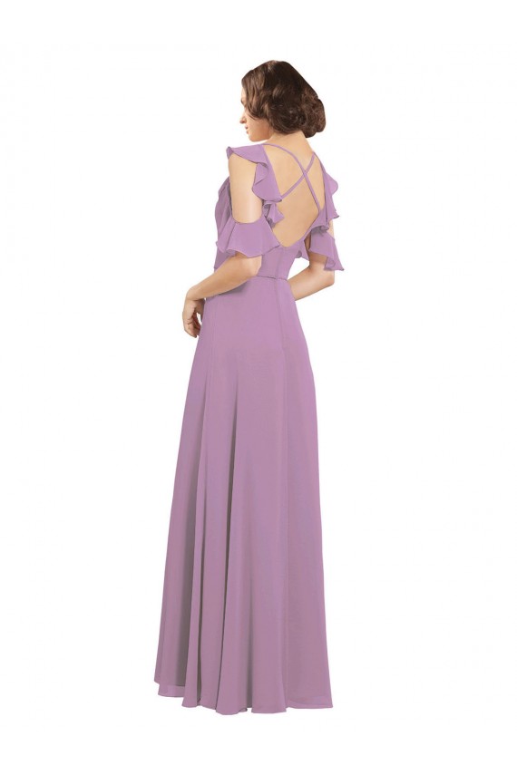 Fábrica de Criss Cruz Chiffon Decote Alto Comprimento Chão Ombro Frio Vestidos de Madrinha