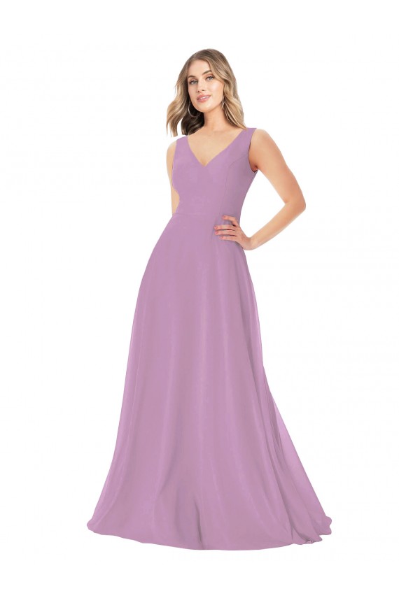 Fábrica de Chiffon Decote V Comprimento Chão Sem Mangas Lavanda Escura Vestidos de Madrinha
