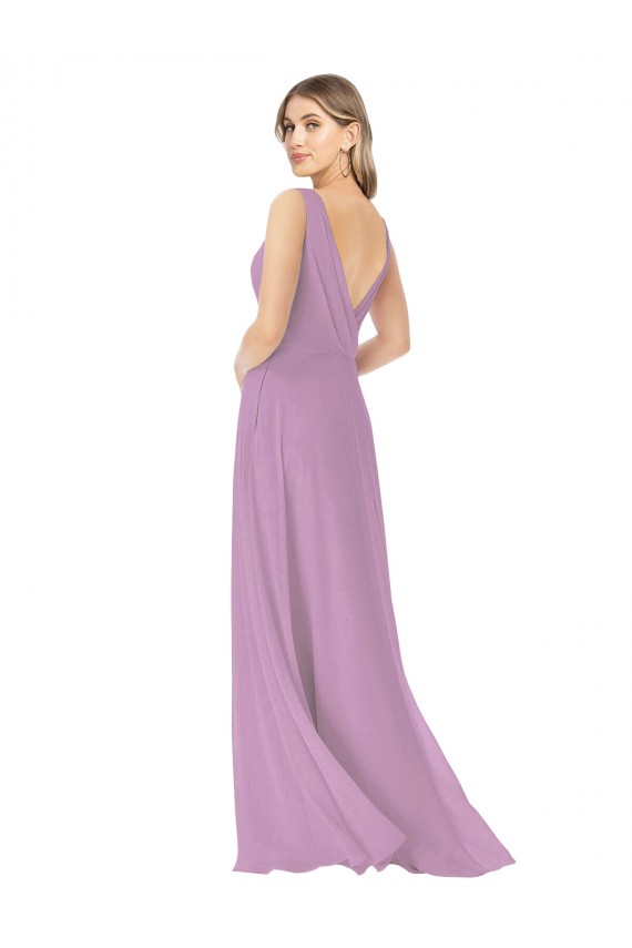 Fábrica de Chiffon Decote V Comprimento Chão Sem Mangas Lavanda Escura Vestidos de Madrinha