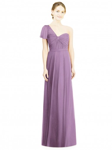 Fábrica de Abrir de volta Chiffon Um Ombro Comprimento Chão Mangas Esvoaçantes Vestidos de Madrinha