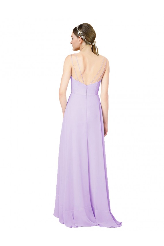 Fábrica de Abrir de volta Chiffon Decote V Comprimento Chão Sem Mangas Alto Baixo, Vestidos de Madrinha