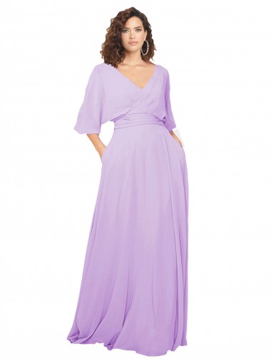 Fábrica de Lombar Chiffon Decote V Comprimento Chão Mangas 1/2 Vestidos de Madrinha