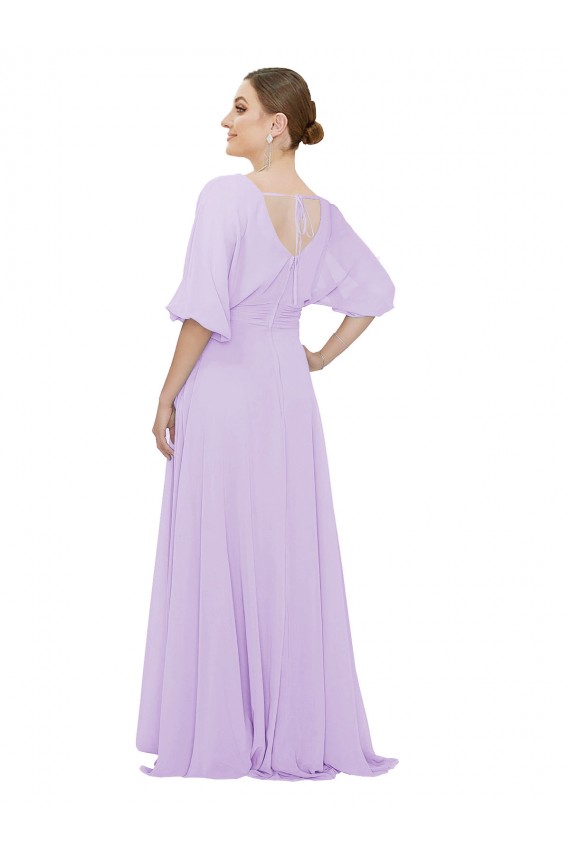 Fábrica de Lombar Chiffon Decote V Comprimento Chão Mangas 1/2 Vestidos de Madrinha