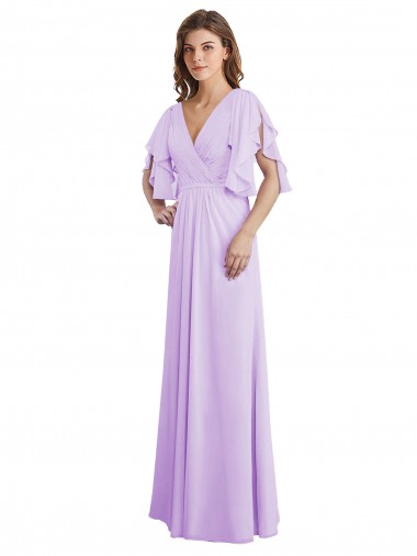 Fábrica de Costas em V Chiffon Decote V Comprimento Chão Mangas Esvoaçantes, Mangas Divididas Vestidos de Madrinha